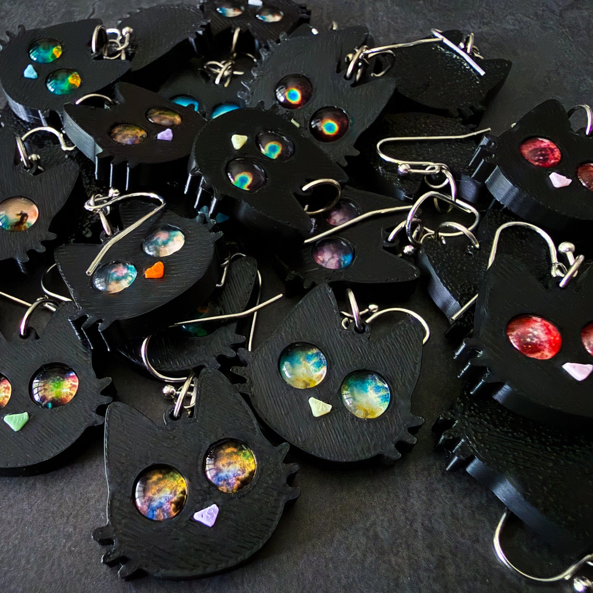Galaxy Cat Earrings - 3D Printed Cat Earrings, Galaxy Eyes, Black Cat, Halloween Accessory, Cosmic Cats, Gift for Space and Cat Lovers