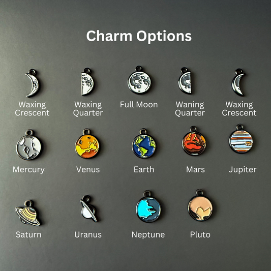 Collection of celestial charm options on a gray background