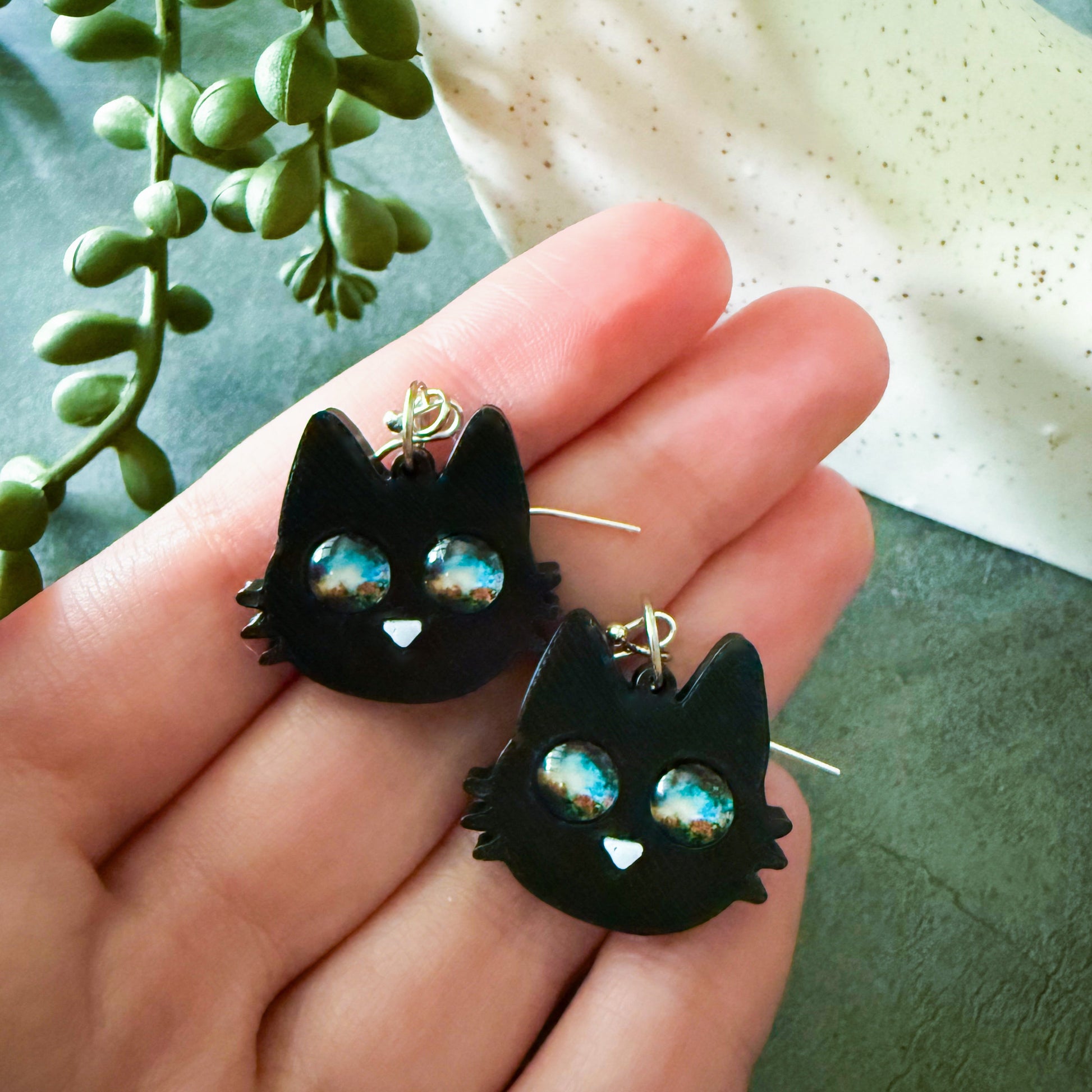 Galaxy Cat Earrings - 3D Printed Cat Earrings, Galaxy Eyes, Black Cat, Halloween Accessory, Cosmic Cats, Gift for Space and Cat Lovers