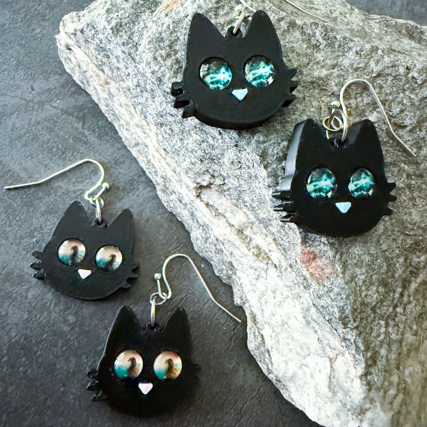 Galaxy Cat Earrings - 3D Printed Cat Earrings, Galaxy Eyes, Black Cat, Halloween Accessory, Cosmic Cats, Gift for Space and Cat Lovers
