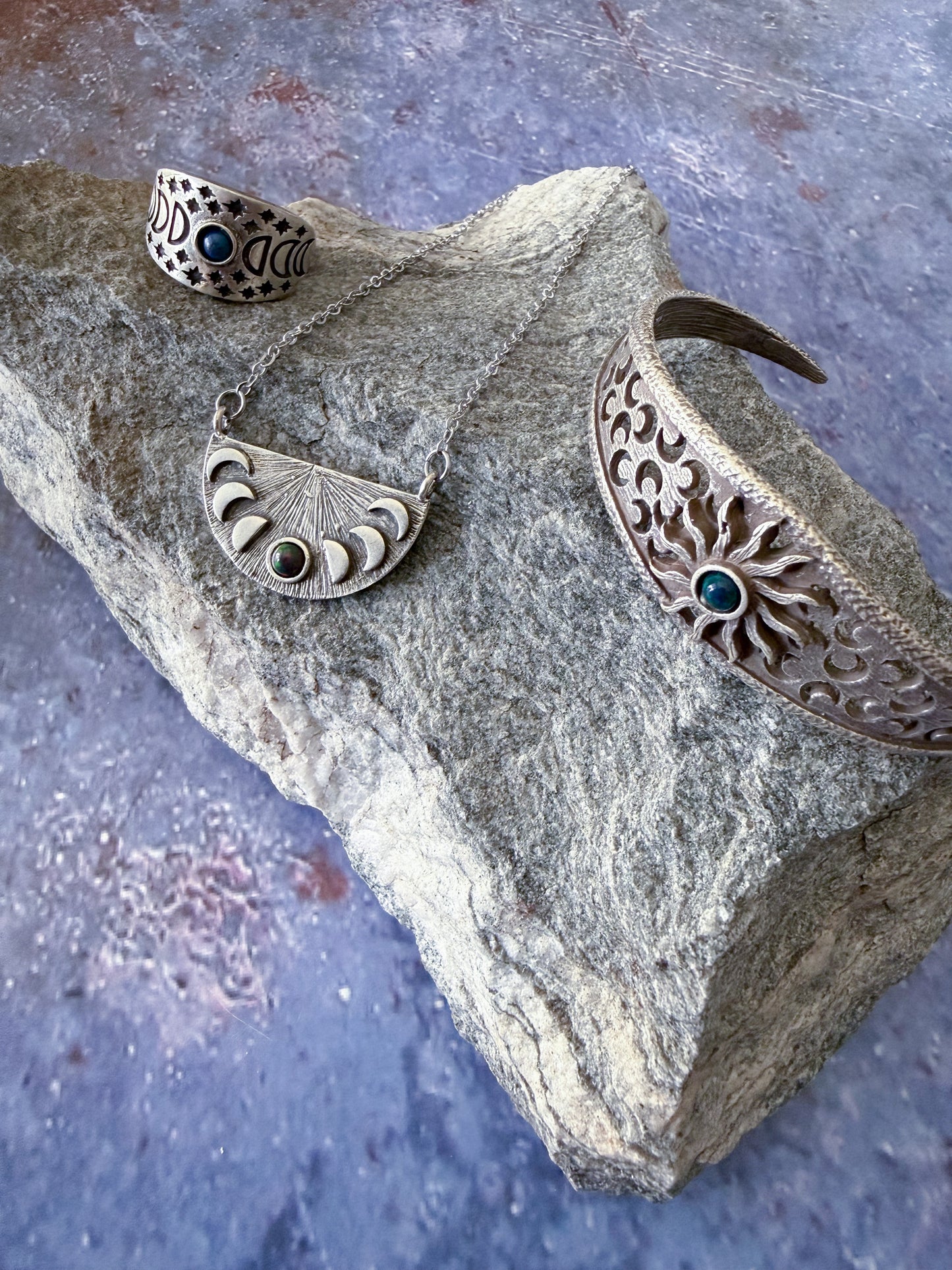 Eclipse Jewelry Set with Moon Phases and Black Opal