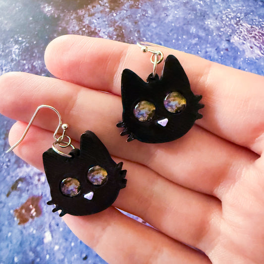 Galaxy Cat Earrings - 3D Printed Cat Earrings, Galaxy Eyes, Black Cat, Halloween Accessory, Cosmic Cats, Gift for Space and Cat Lovers