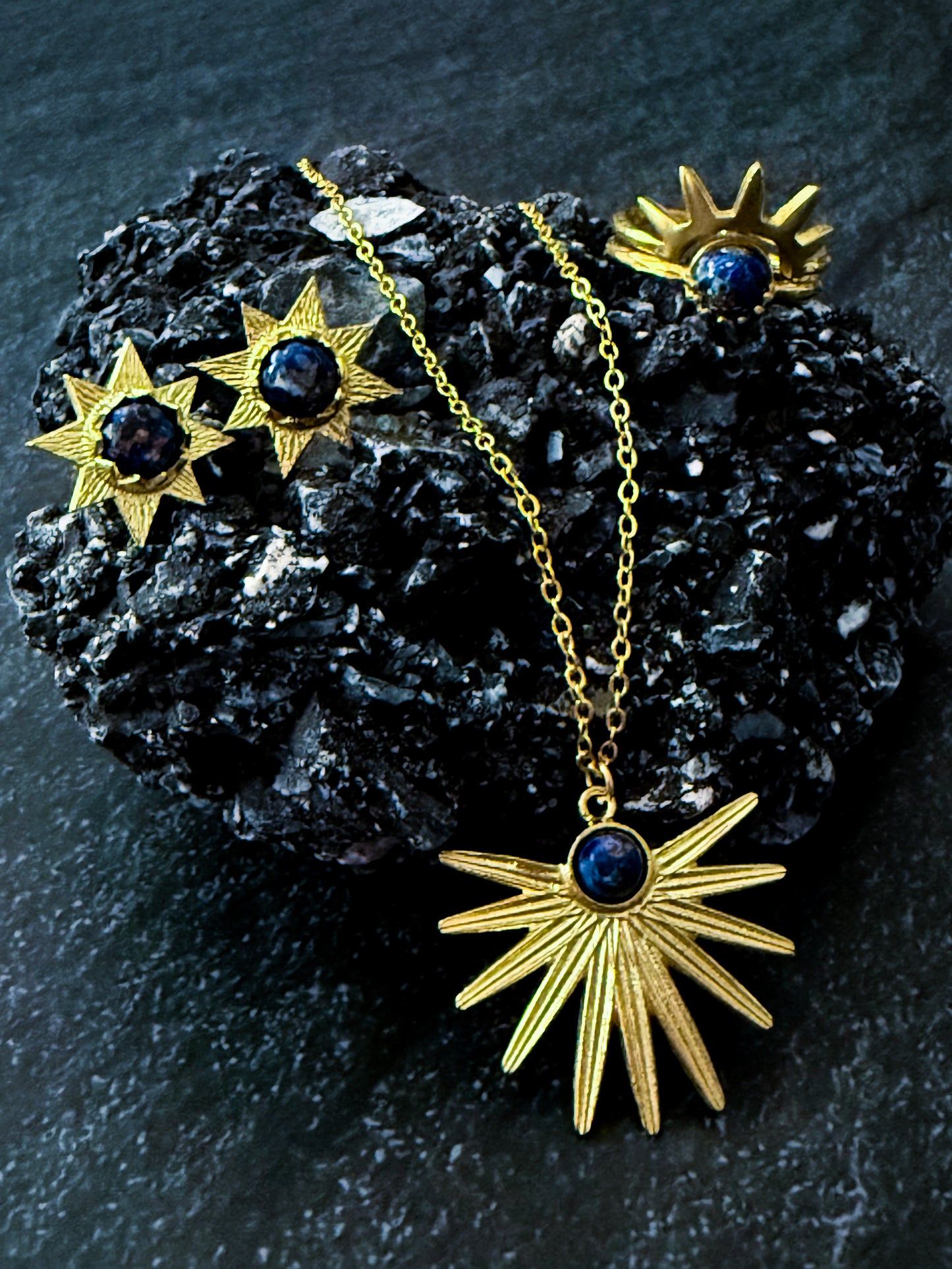 Dark Before Dawn Sunburst Jewelry Set with Copper Lapis Lazuli