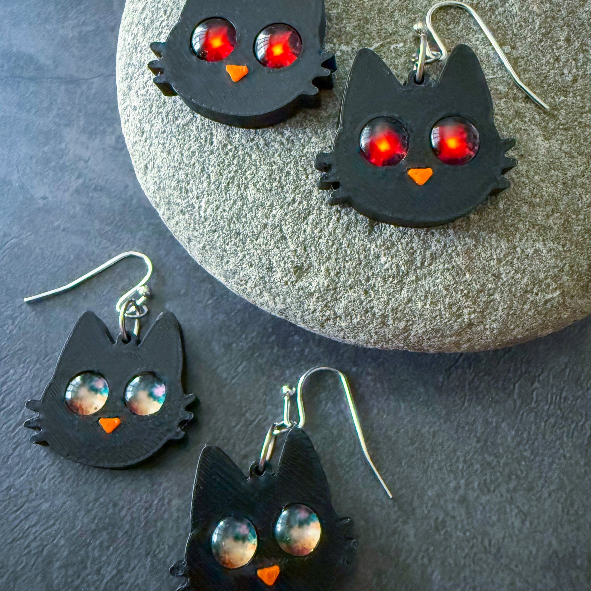 Galaxy Cat Earrings - 3D Printed Cat Earrings, Galaxy Eyes, Black Cat, Halloween Accessory, Cosmic Cats, Gift for Space and Cat Lovers