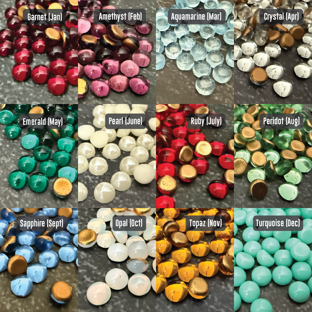 Collection of gemstones representing each month's birthstone on a dark background.