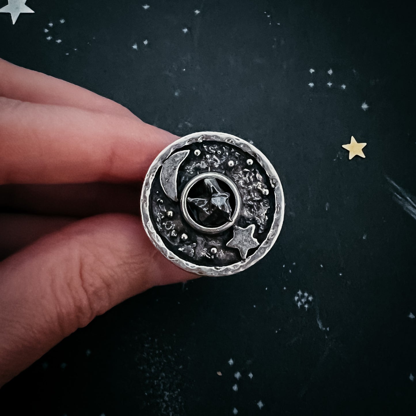 Night Sky Ring with Raw Meteorite Ring Yugen Handmade   