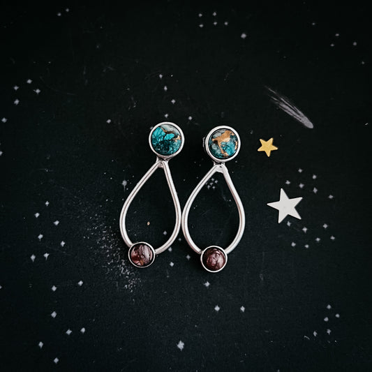 Journey to Mars Stud Earrings - Copper Chrysocolla Earth and Red Jasper Moon Earrings Yugen Handmade   