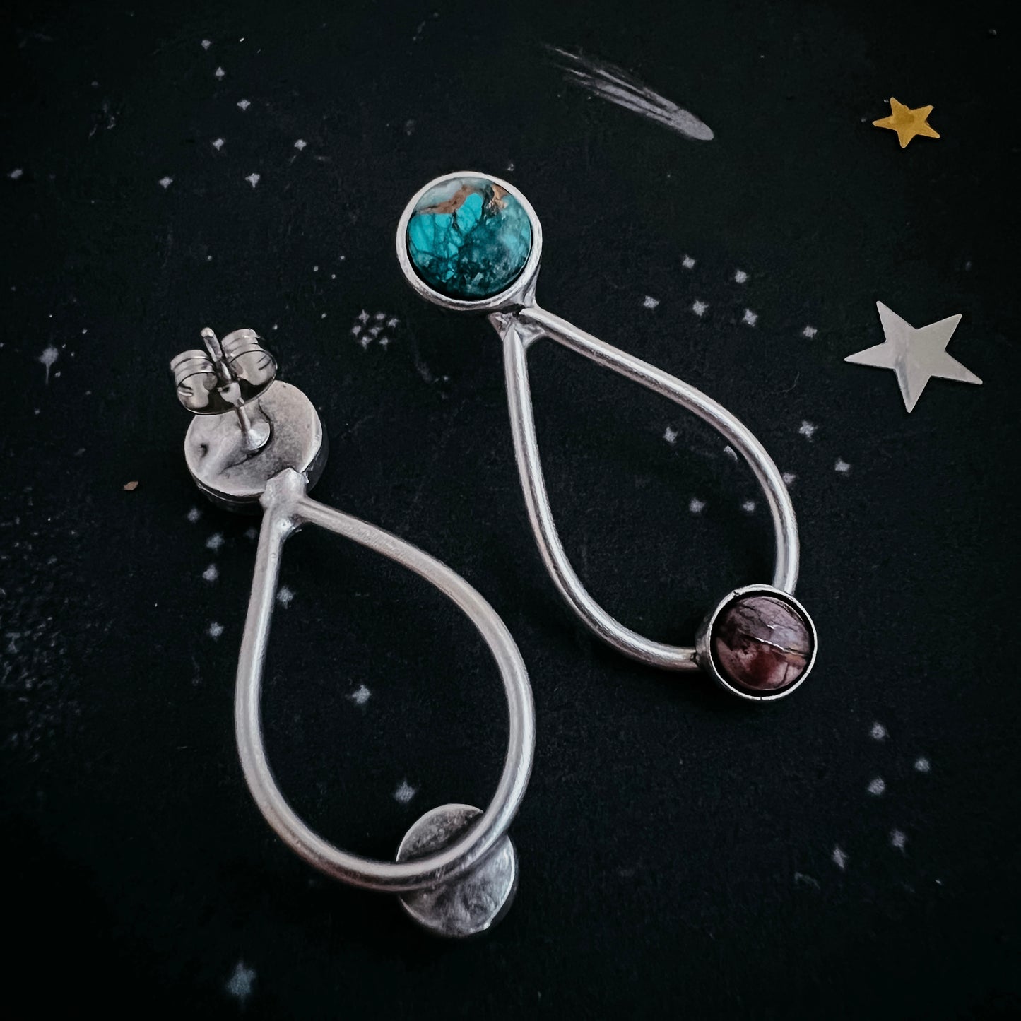 Journey to Mars Stud Earrings - Copper Chrysocolla Earth and Red Jasper Moon Earrings Yugen Handmade   