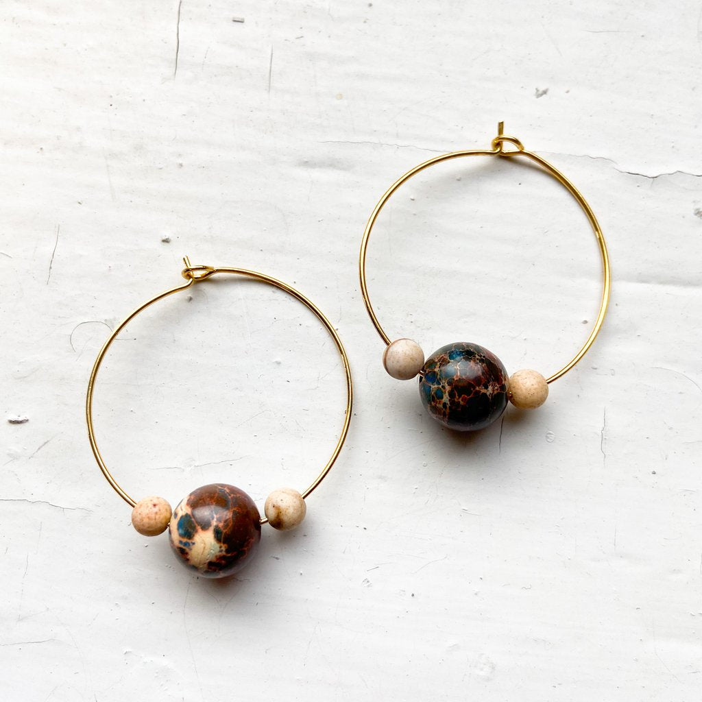 CLEARANCE Mars and Moons Jasper Bead Hoop Earrings