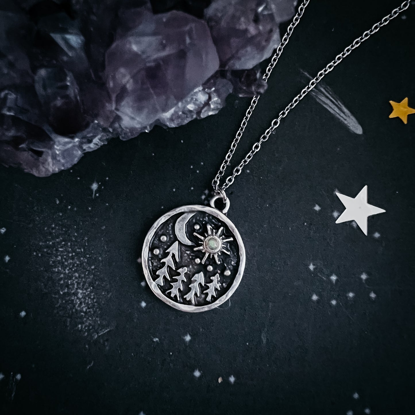 Starry Forest Night Pendant Necklace with Opal Necklace Yugen Handmade   