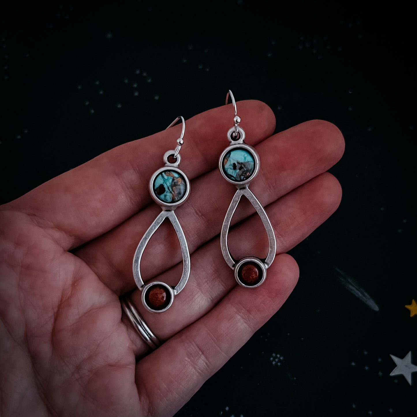 Journey to Mars Earrings - Copper Chrysocolla Earth and Red Jasper Moon