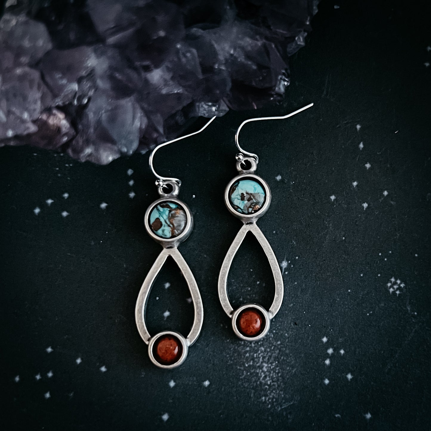 Journey to Mars Earrings - Copper Chrysocolla Earth and Red Jasper Moon