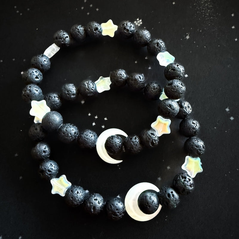 Crescent Moon Lava Bead Bracelet