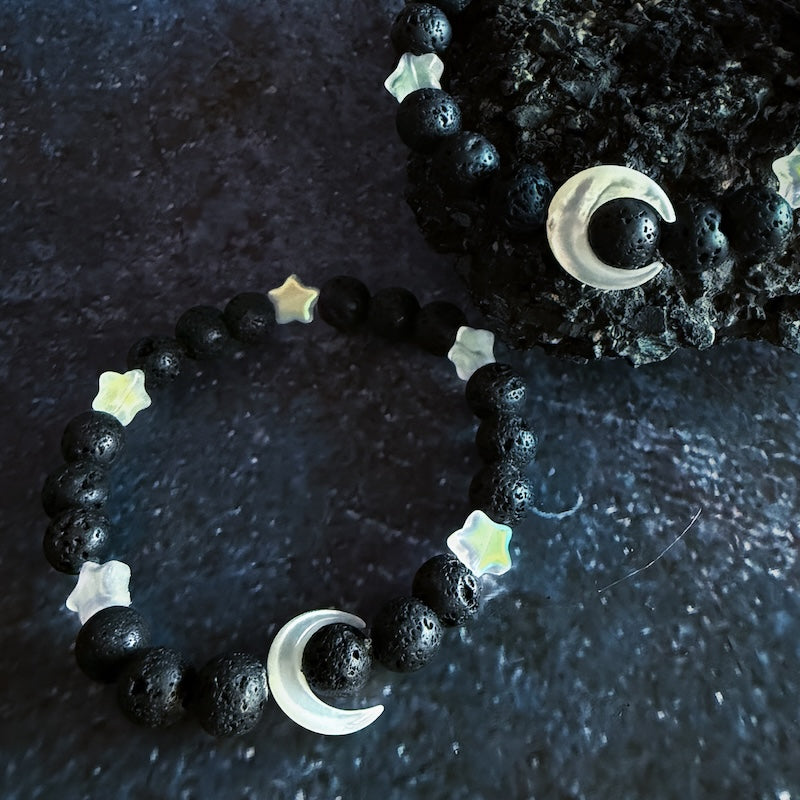 Crescent Moon Lava Bead Bracelet
