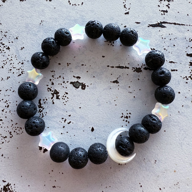 Crescent Moon Lava Bead Bracelet