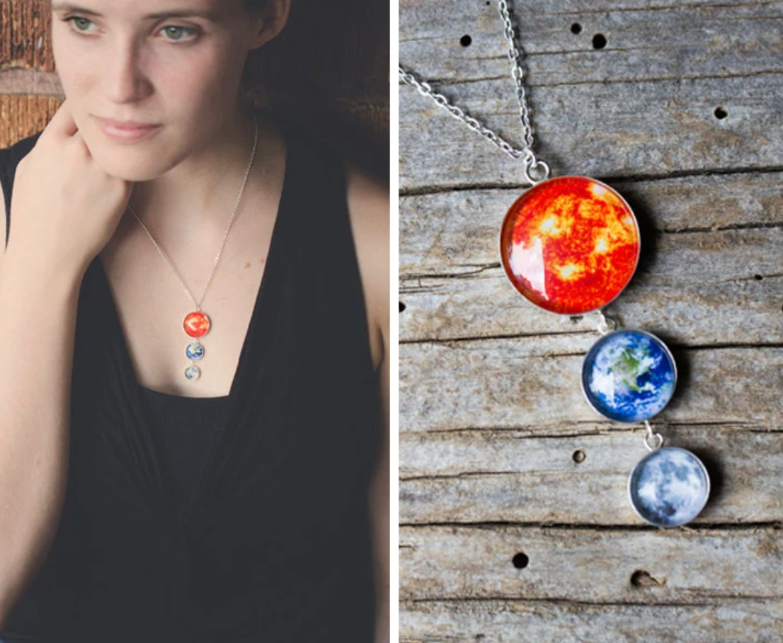 A split image showing a woman wearing a necklace on the left and a close-up of the necklace on a weathered wood surface on the right. 