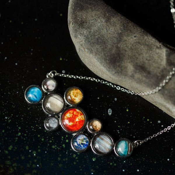 Necklace with solar system pendant on a dark background