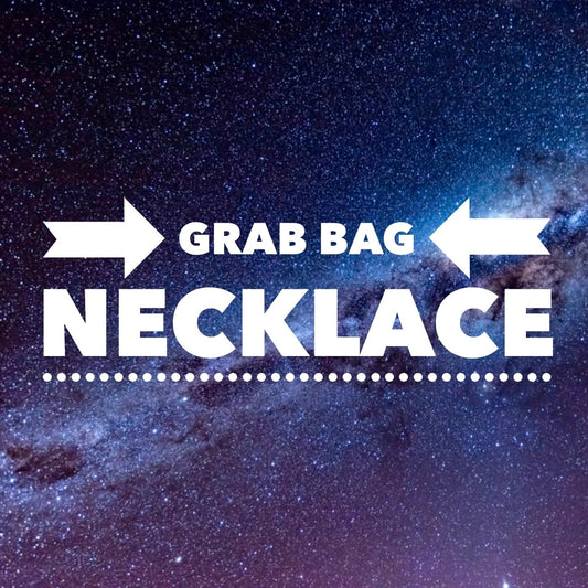 A digital graphic with a starry galaxy background featuring the text 'GRAB BAG NECKLACE' in bold white lettering with white arrows pointing inward.