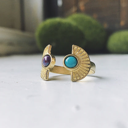 Dawn to Dusk - Two Stone Turquoise Boho Sunburst Ring Ring Yugen Handmade Gold Tone  