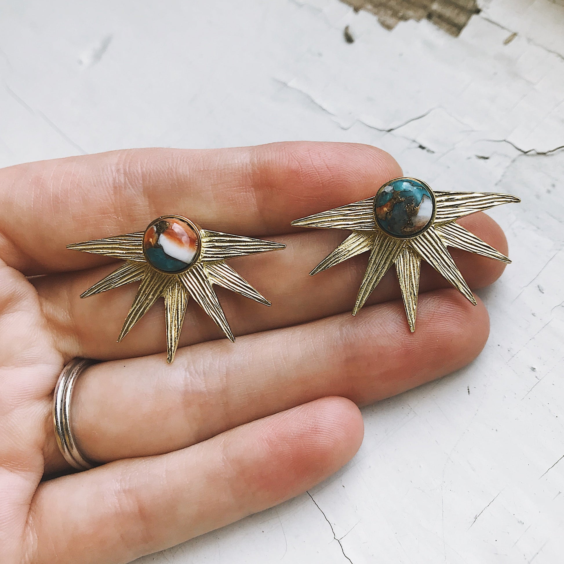 Sun Goddess Earrings with Copper Oyster Turquoise Earrings Yugen Handmade   