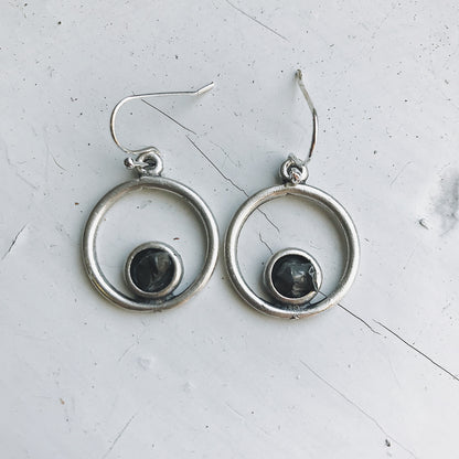 Circle Silver Earrings with Raw Meteorite Earrings Yugen Handmade   
