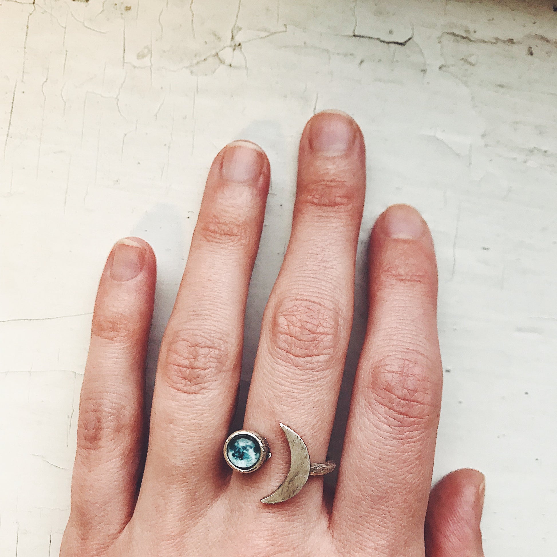 Crescent Moon Galaxy Space Ring Ring Yugen Handmade Silver Tone  