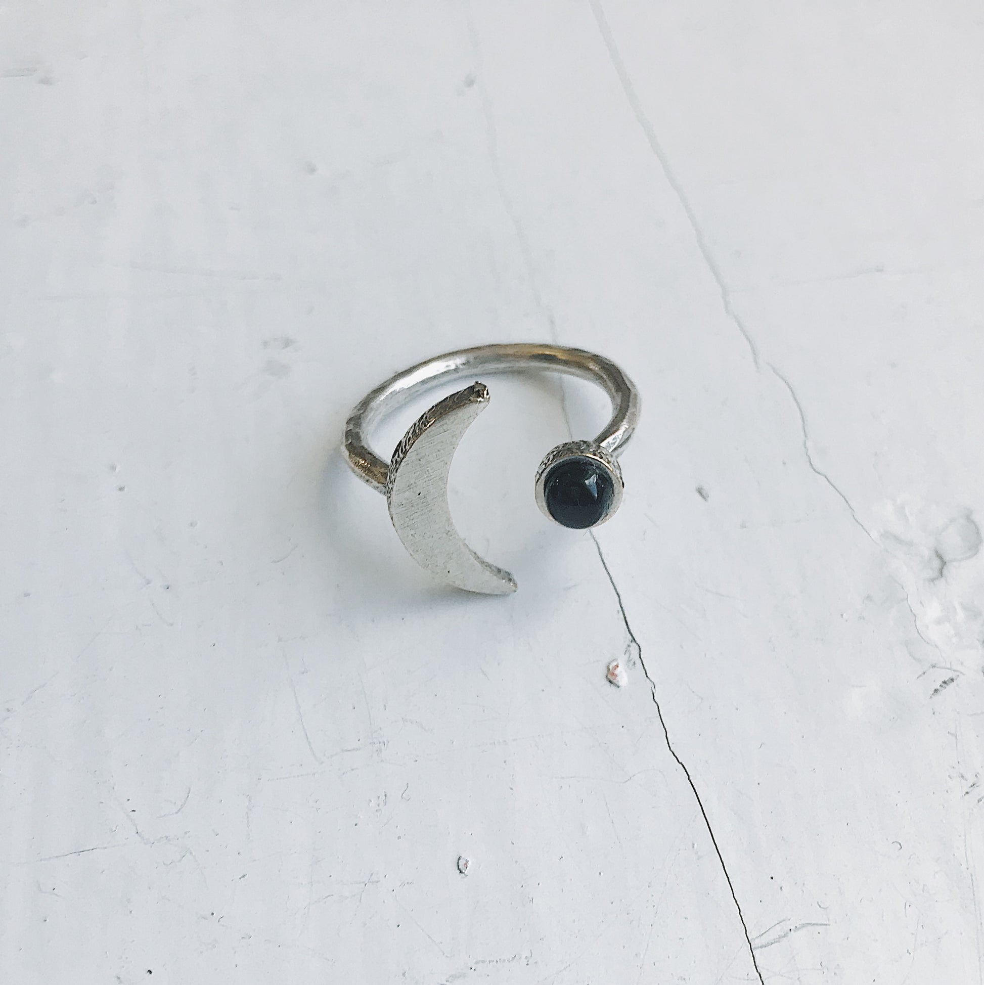 Crescent Moon Ring with Black Onyx Ring Yugen Handmade   