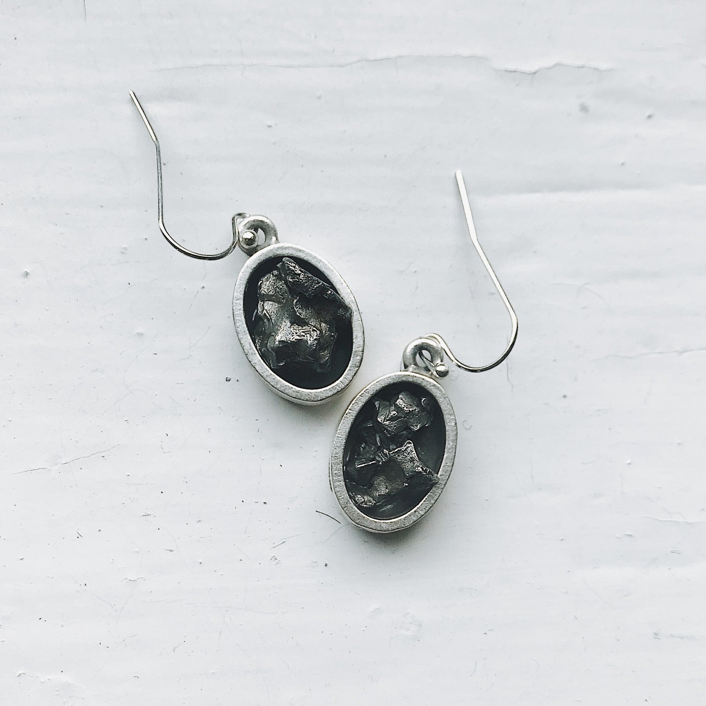 Oval Dangle Earrings with Raw Meteorite Earrings Yugen Handmade   