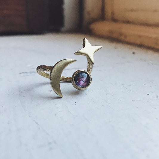 Stars and Moon Orbiting Galaxy Space Ring Ring Yugen Handmade   