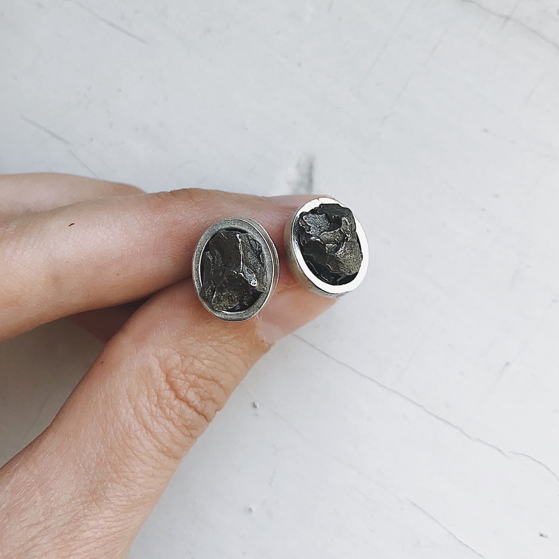 Oval Raw Meteorite Small Stud Earrings Earrings Yugen Handmade   