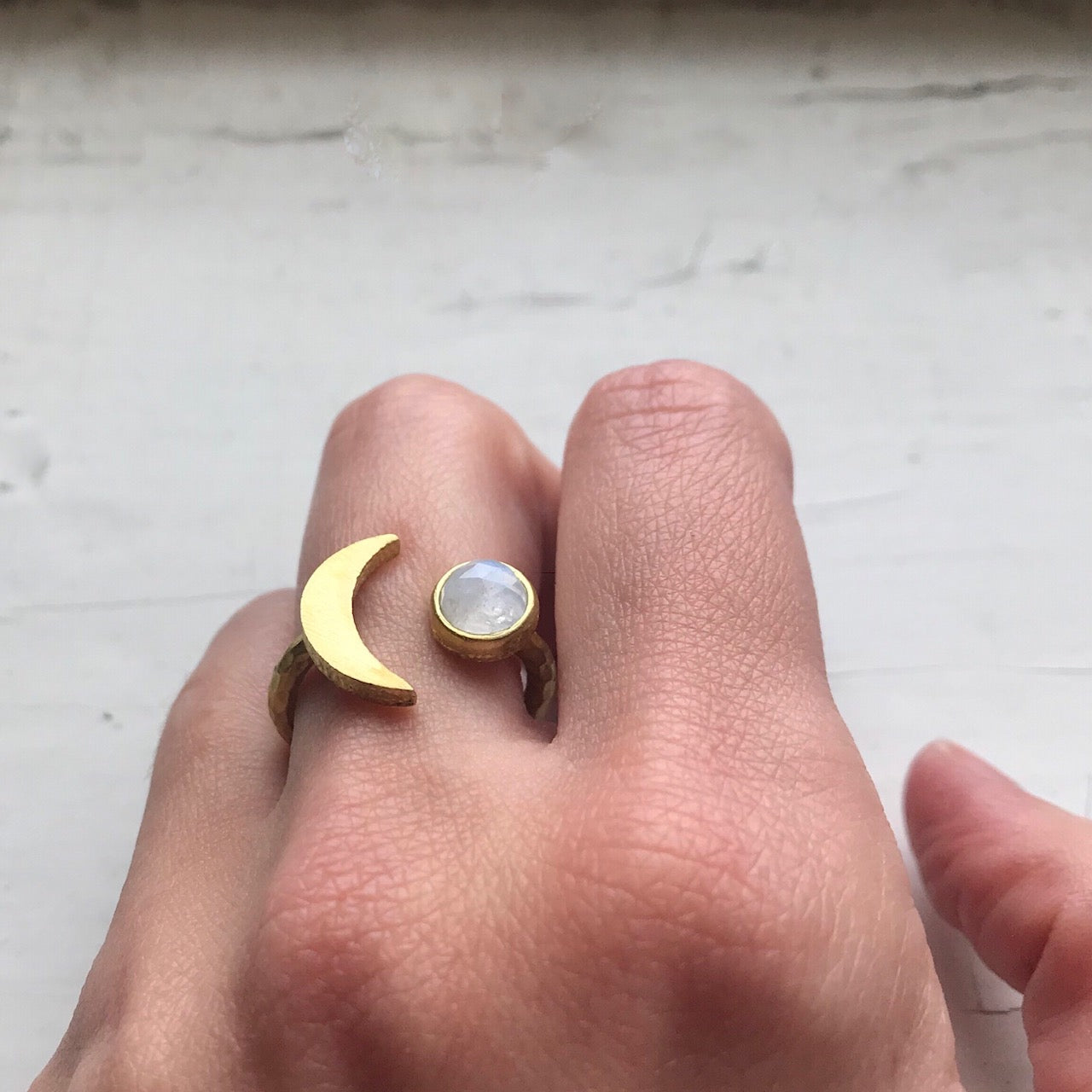 Moon Goddess Ring - Crescent Moon with Rainbow Moonstone Ring Yugen Handmade Gold  