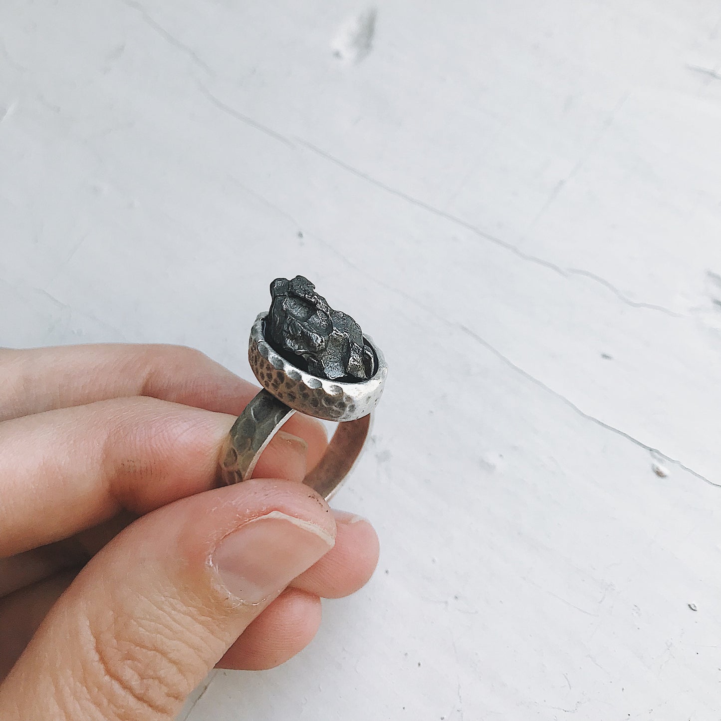 Oval Raw Meteorite Ring in Silver Ring Yugen Handmade   
