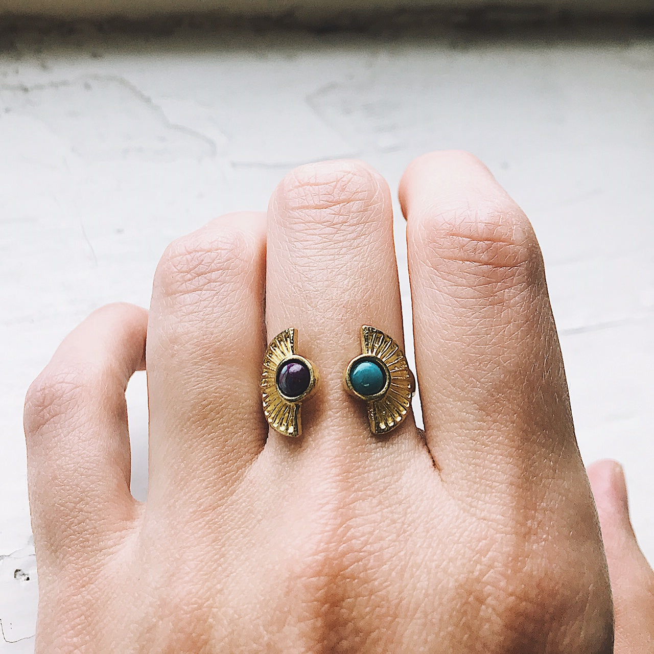 Dawn to Dusk - Two Stone Turquoise Boho Sunburst Ring Ring Yugen Handmade   