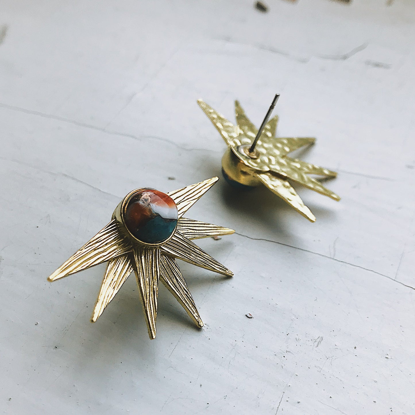 Sun Goddess Earrings with Copper Oyster Turquoise Earrings Yugen Handmade Stud/Post Gold Tone 