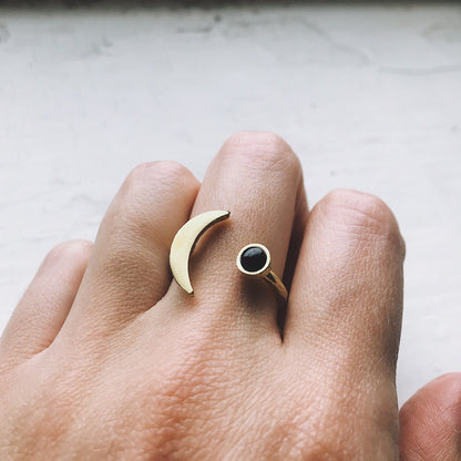 Crescent Moon Ring with Black Onyx Ring Yugen Handmade   