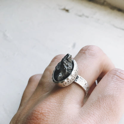 Oval Raw Meteorite Ring in Silver Ring Yugen Handmade   