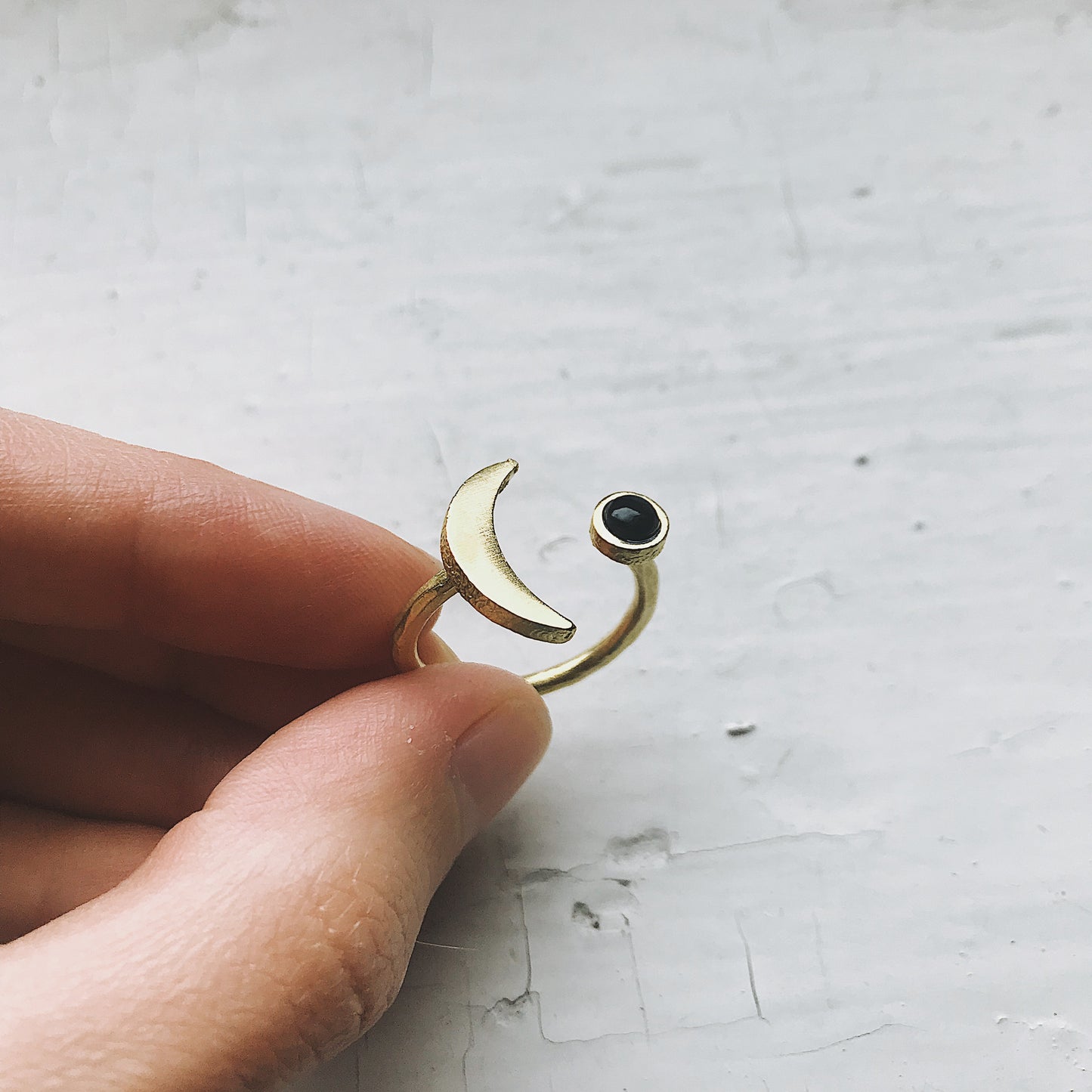 Crescent Moon Ring with Black Onyx Ring Yugen Handmade Gold  