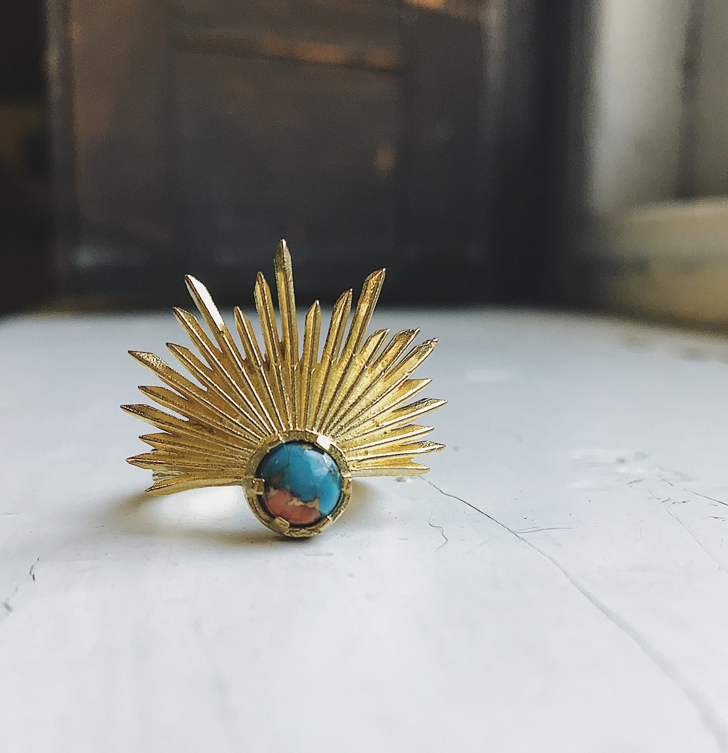 Sun Goddess Ring with Copper Oyster Turquoise Ring Yugen Handmade Gold Tone  