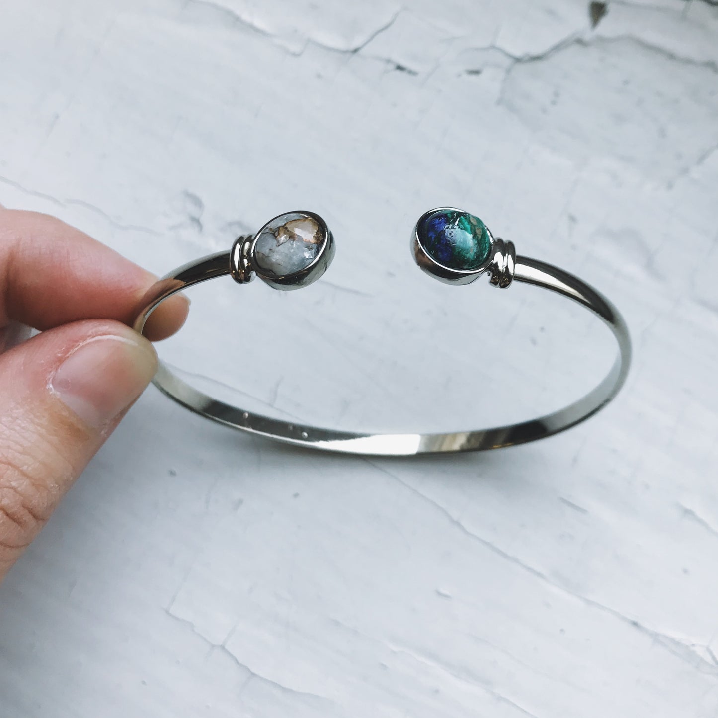 Earth and Moon Cuff Bracelet with Natural Stones Bracelet Yugen Handmade Silver Tone  