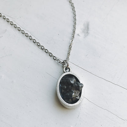 Oval Raw Meteorite Pendant Necklace in Matte Brushed Silver Necklace Yugen Handmade   