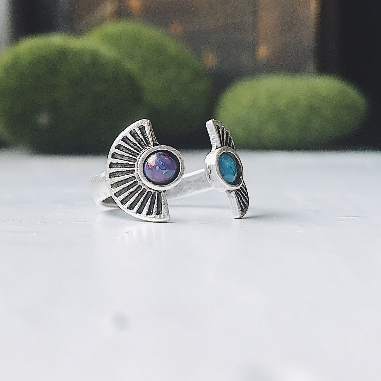 Dawn to Dusk - Two Stone Turquoise Boho Sunburst Ring Ring Yugen Handmade Silver Tone  