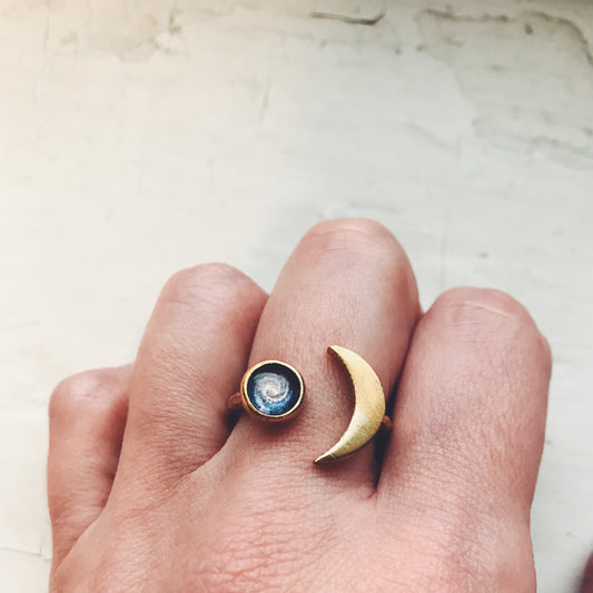 Crescent Moon Galaxy Space Ring Ring Yugen Handmade Gold Tone  