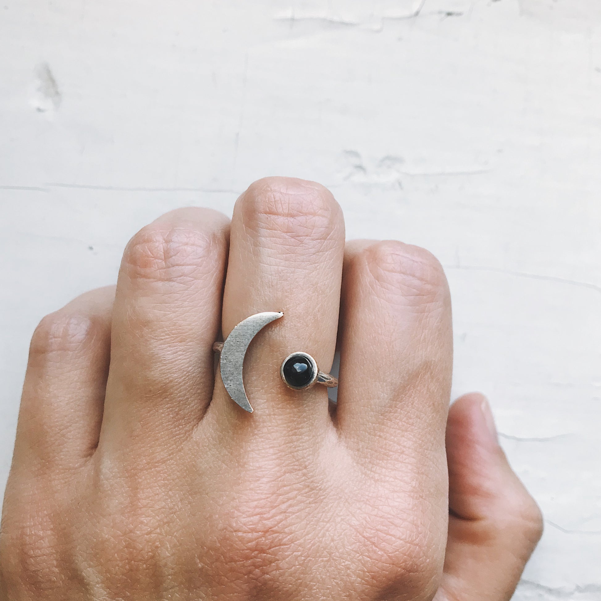 Crescent Moon Ring with Black Onyx Ring Yugen Handmade   