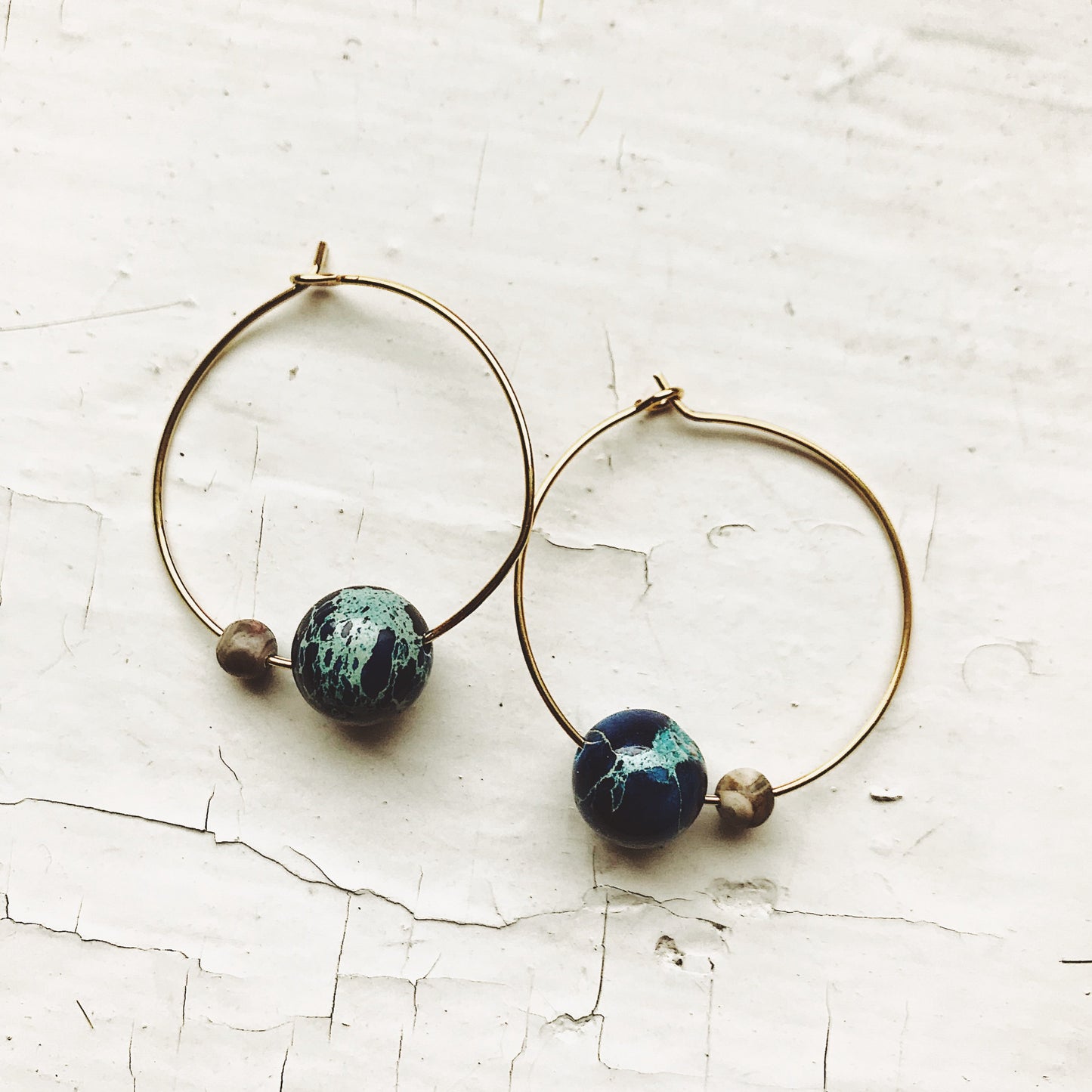 Earth and Moon Jasper Bead Hoop Earrings Earrings Yugen Handmade Gold Tone  