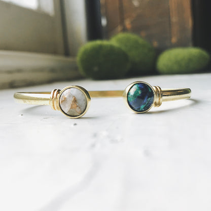 Earth and Moon Cuff Bracelet with Natural Stones Bracelet Yugen Handmade Gold Tone  
