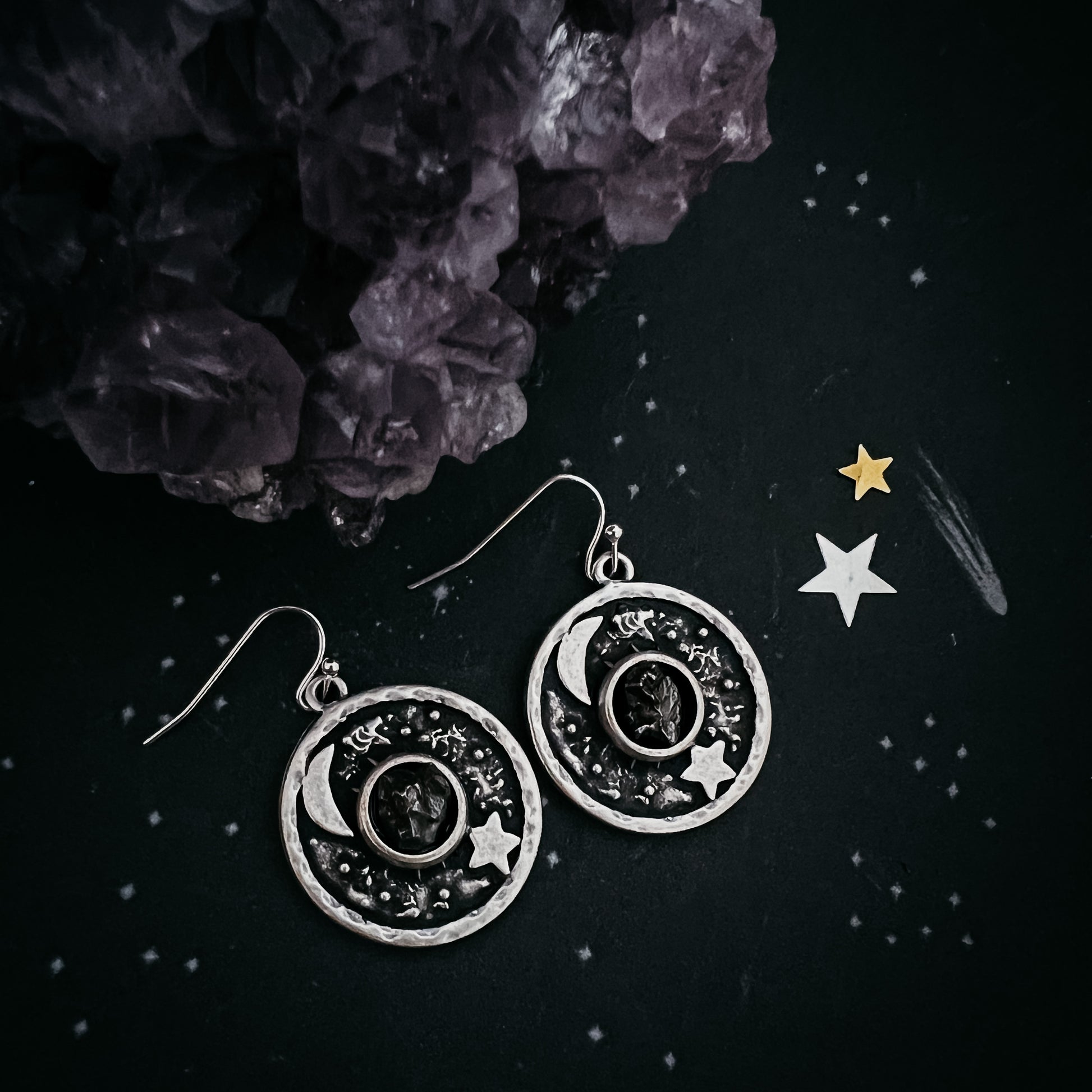 Night Sky Dangle Earrings with Raw Meteorite Earrings Yugen Handmade   