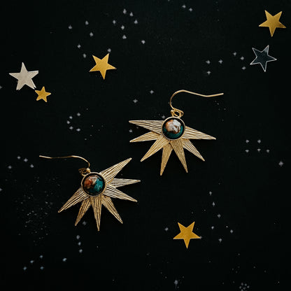 Sun Goddess Earrings with Copper Oyster Turquoise Earrings Yugen Handmade French Hook/Dangle Gold Tone 