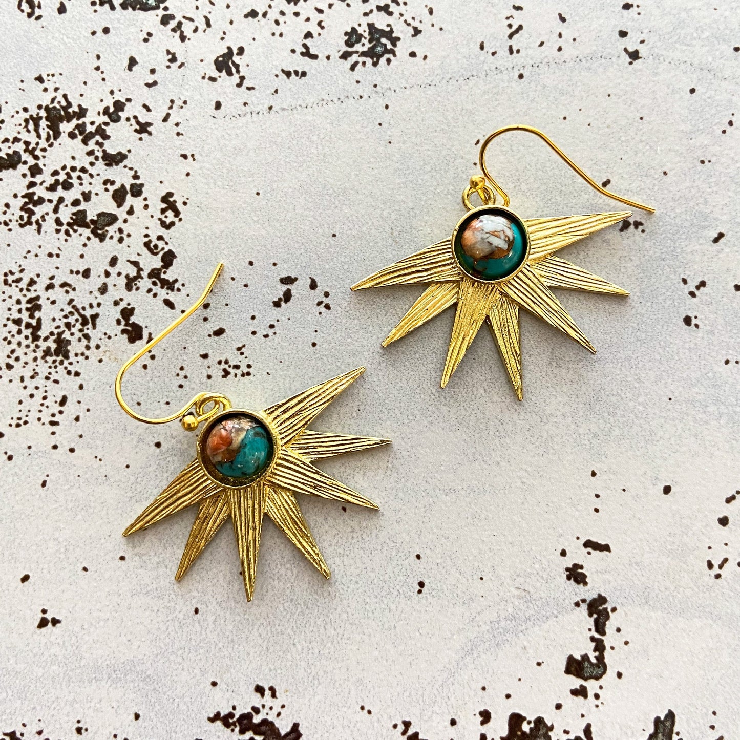 Sun Goddess Earrings with Copper Oyster Turquoise Earrings Yugen Handmade French Hook/Dangle Gold Tone 