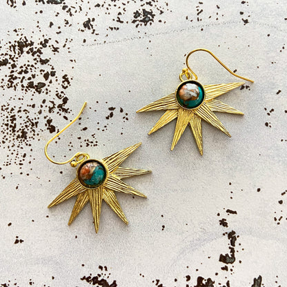 Sun Goddess Earrings with Copper Oyster Turquoise Earrings Yugen Handmade   