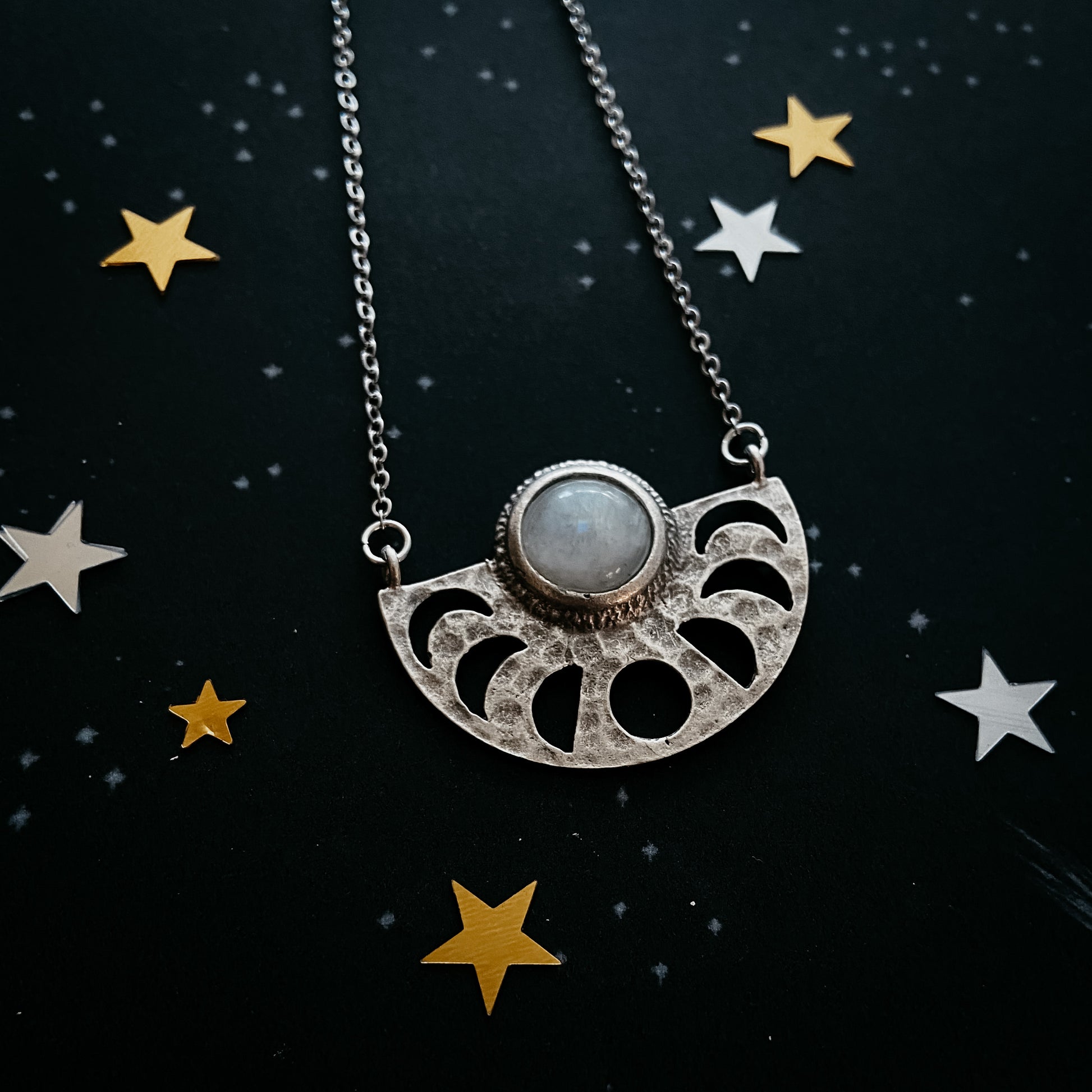 Moon Goddess Necklace - Moon Phases Rainbow Moonstone Pendant Necklace Yugen Handmade   